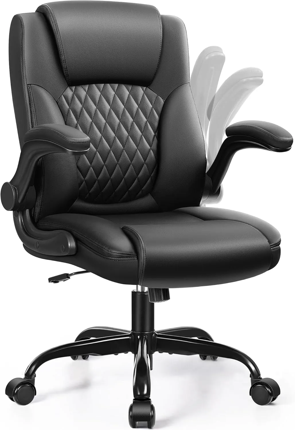 Leather Office Chair, PU Home Computer Desk Chairs with Ergonomic Back Support, 360°Swivel Free，Small Gmaing Chair with Wheels and Adjustable Armrests, for Short People Use, Black