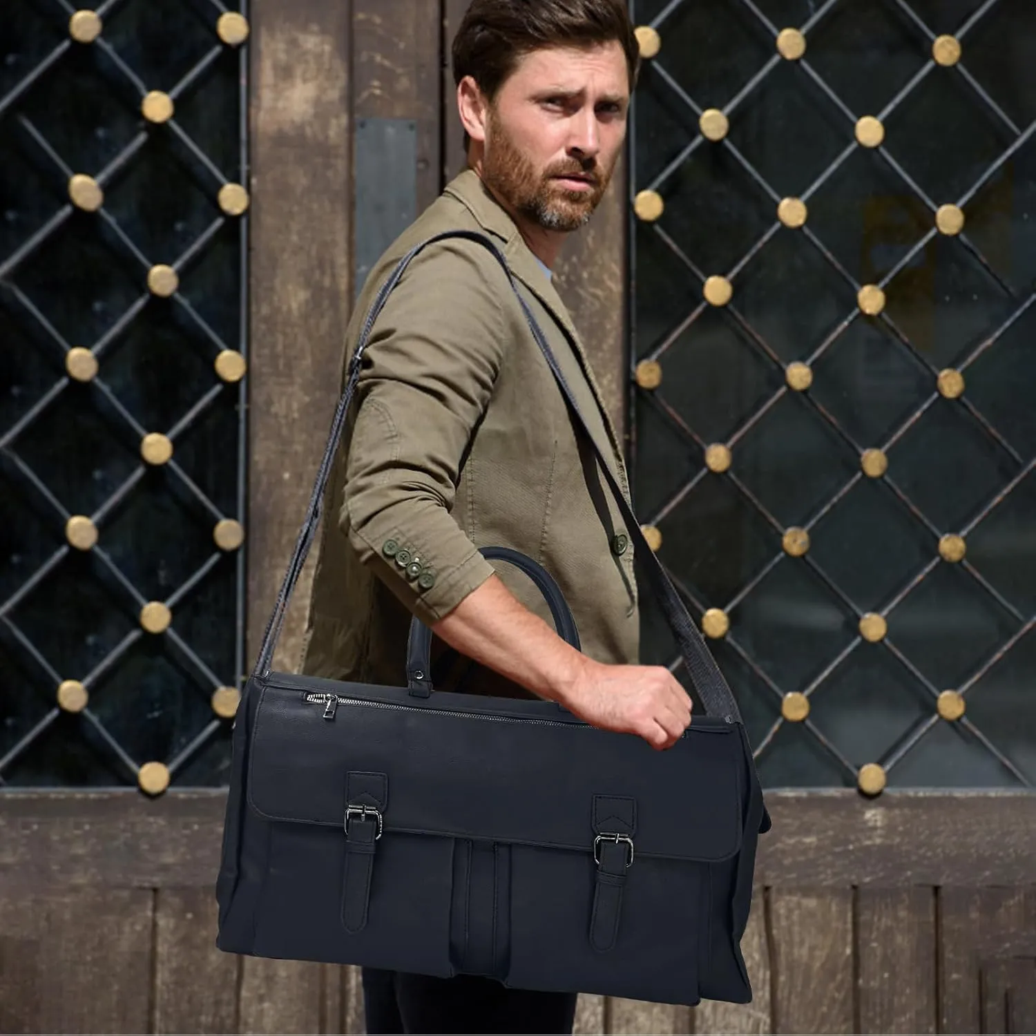 Leather Travel Weekender Bag Large Carry On Travel Tote Duffel Bag For men and Women - Black