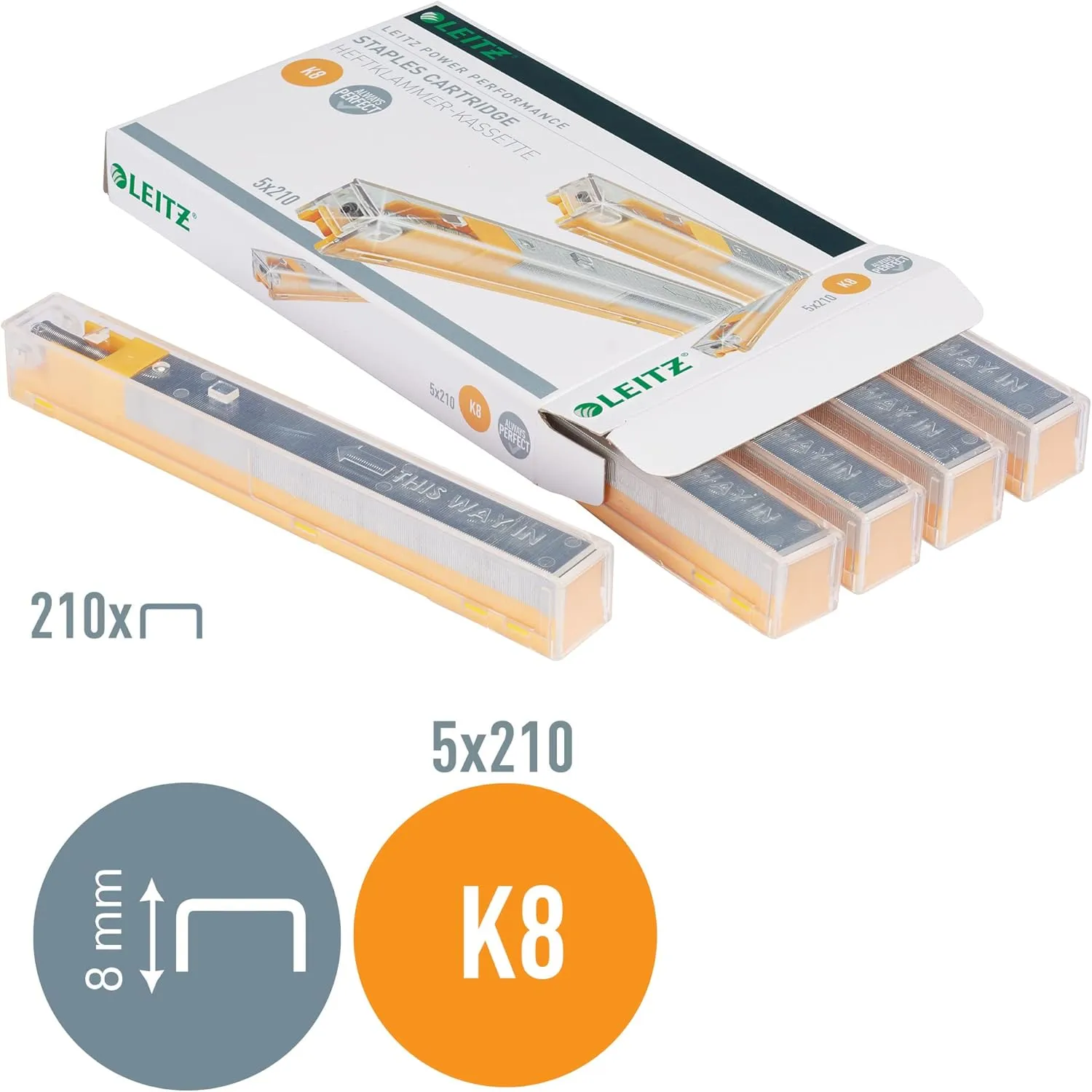 Leitz 55920000 K8 Power Performance Stapler Cartridge, 40 Sheet Capacity, Strong Steel, 1050 Staples, Length 8 mm