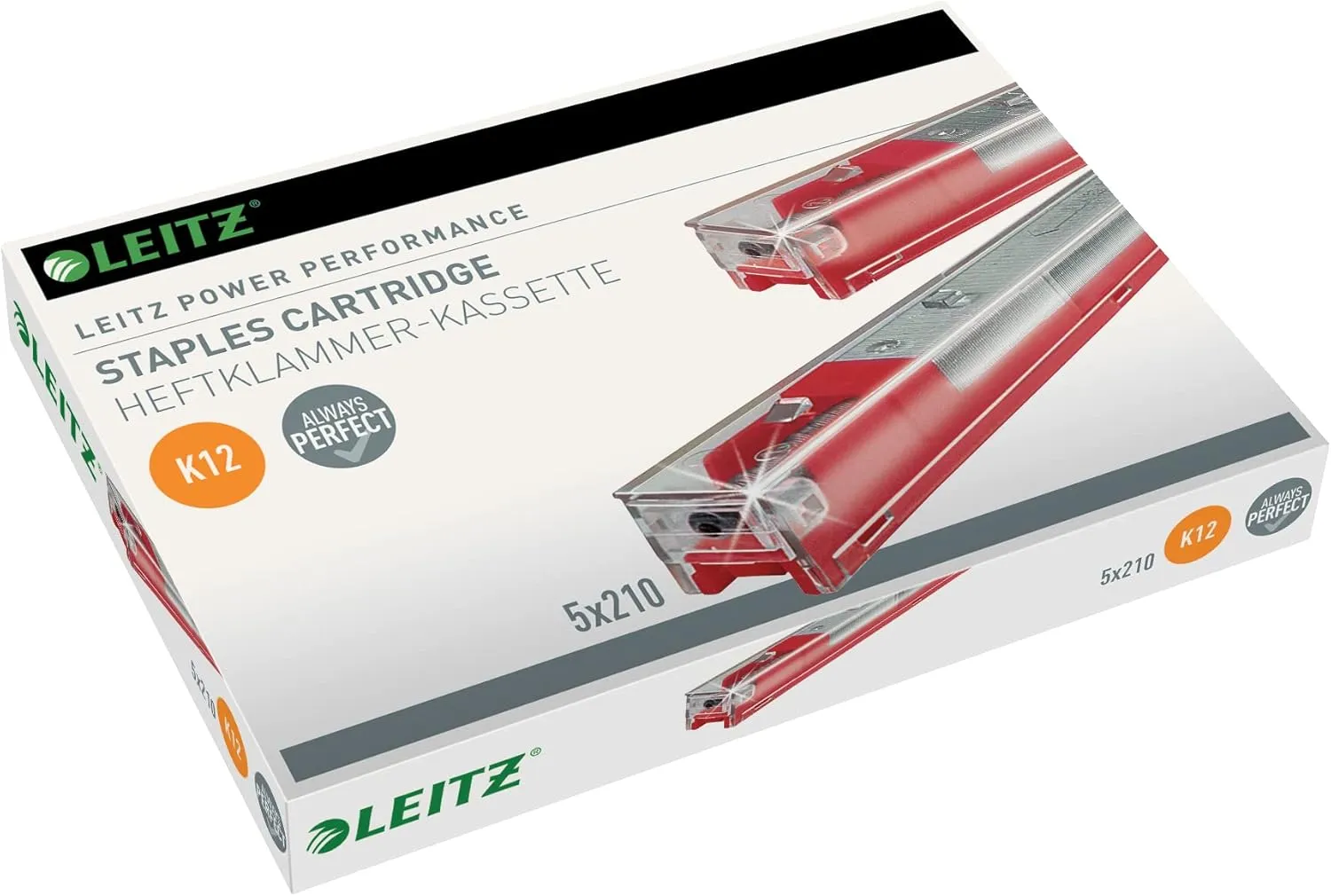 Leitz 55940000 K12 Stapler Cartridge, Strong Steel, Length 12 mm, 1050 Staples, 80 Sheet Capacity - Red