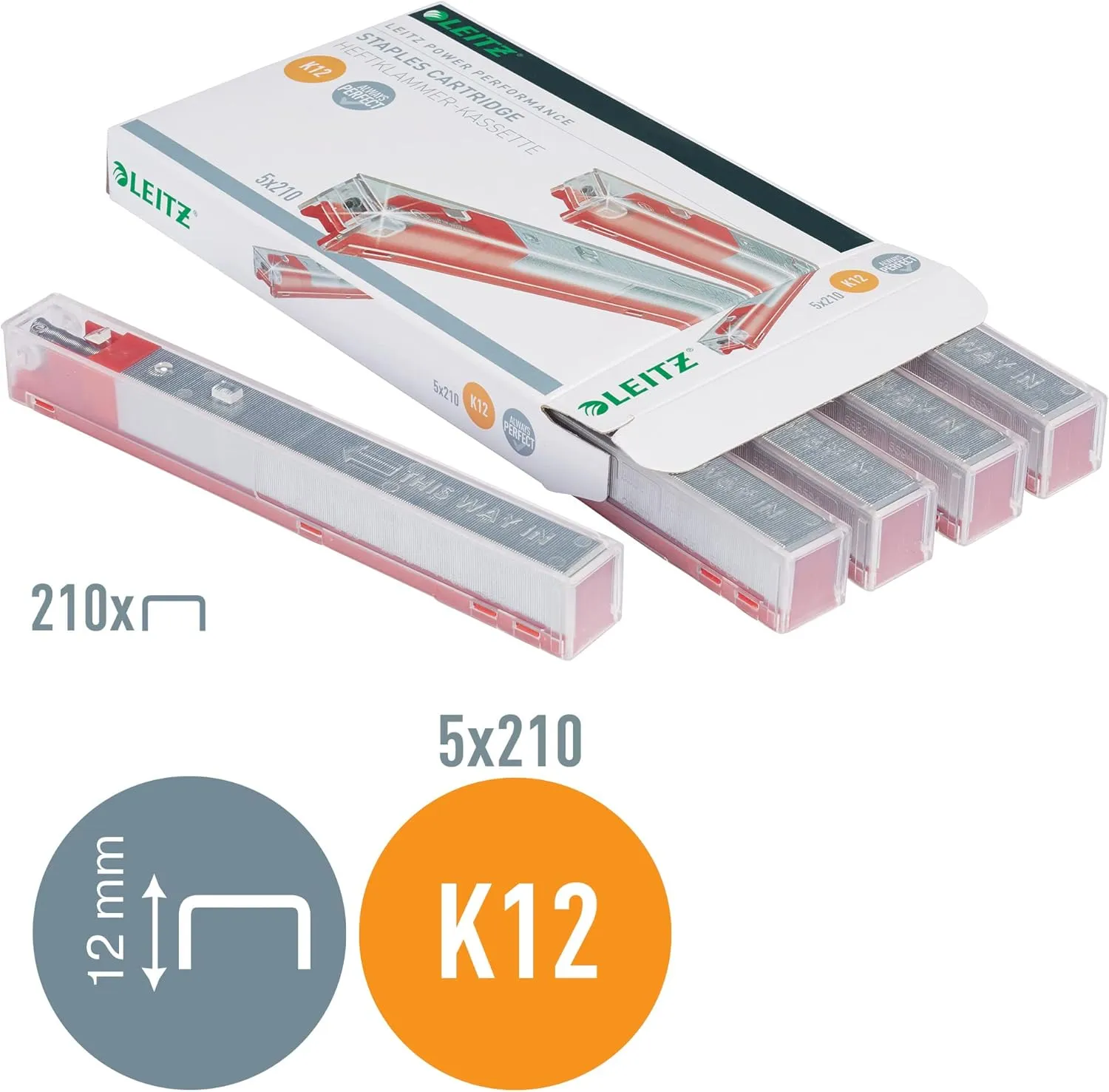 Leitz 55940000 K12 Stapler Cartridge, Strong Steel, Length 12 mm, 1050 Staples, 80 Sheet Capacity - Red