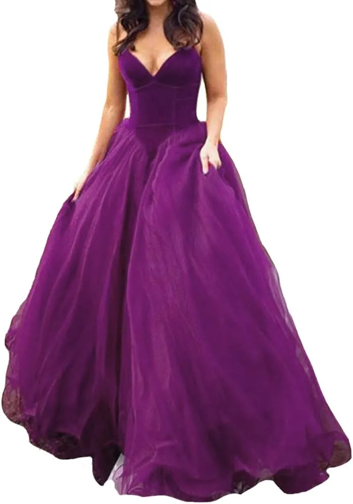 Lemai V Neck Velvet and Tulle Long Ball Gown Corset Formal Evening Prom Dresses