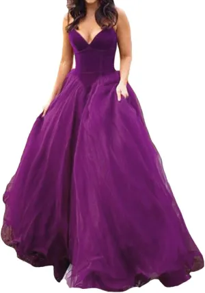 Lemai V Neck Velvet and Tulle Long Ball Gown Corset Formal Evening Prom Dresses