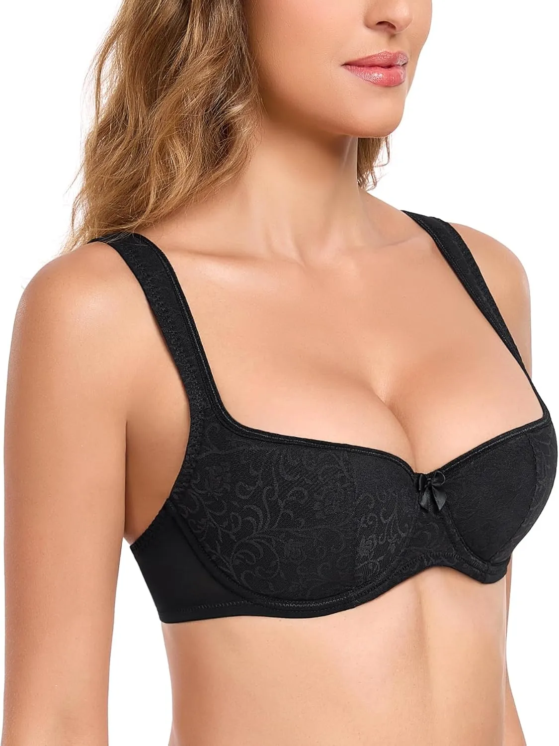 Lemorosy Women's Push Up Lightly Padded Lace Demi Half Cup Underwire Balconette Mesh Bra