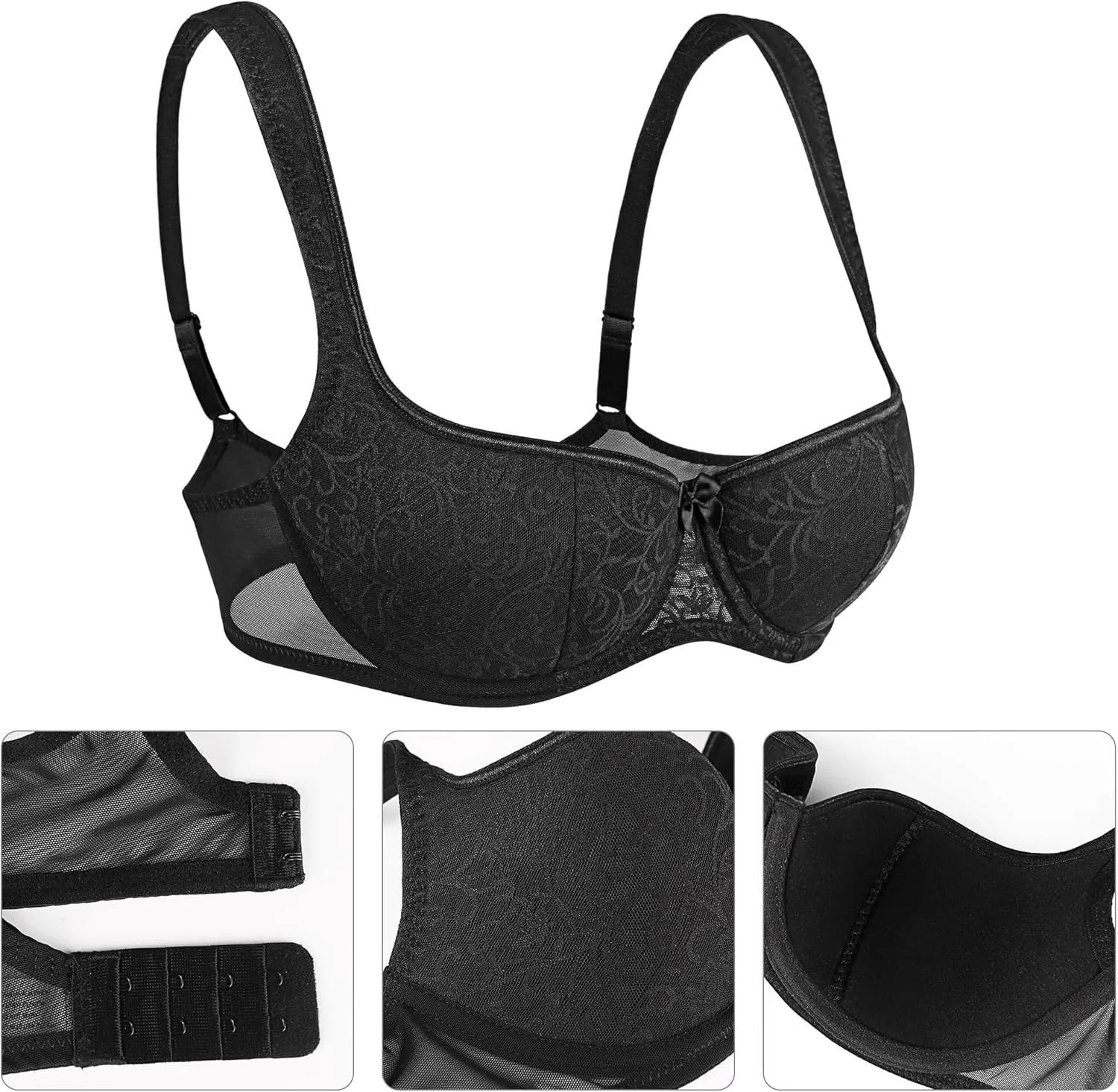 Lemorosy Women's Push Up Lightly Padded Lace Demi Half Cup Underwire Balconette Mesh Bra