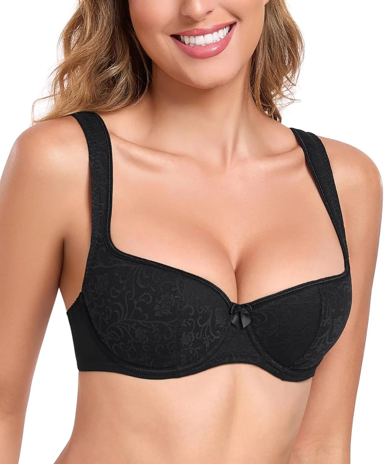 Lemorosy Women's Push Up Lightly Padded Lace Demi Half Cup Underwire Balconette Mesh Bra