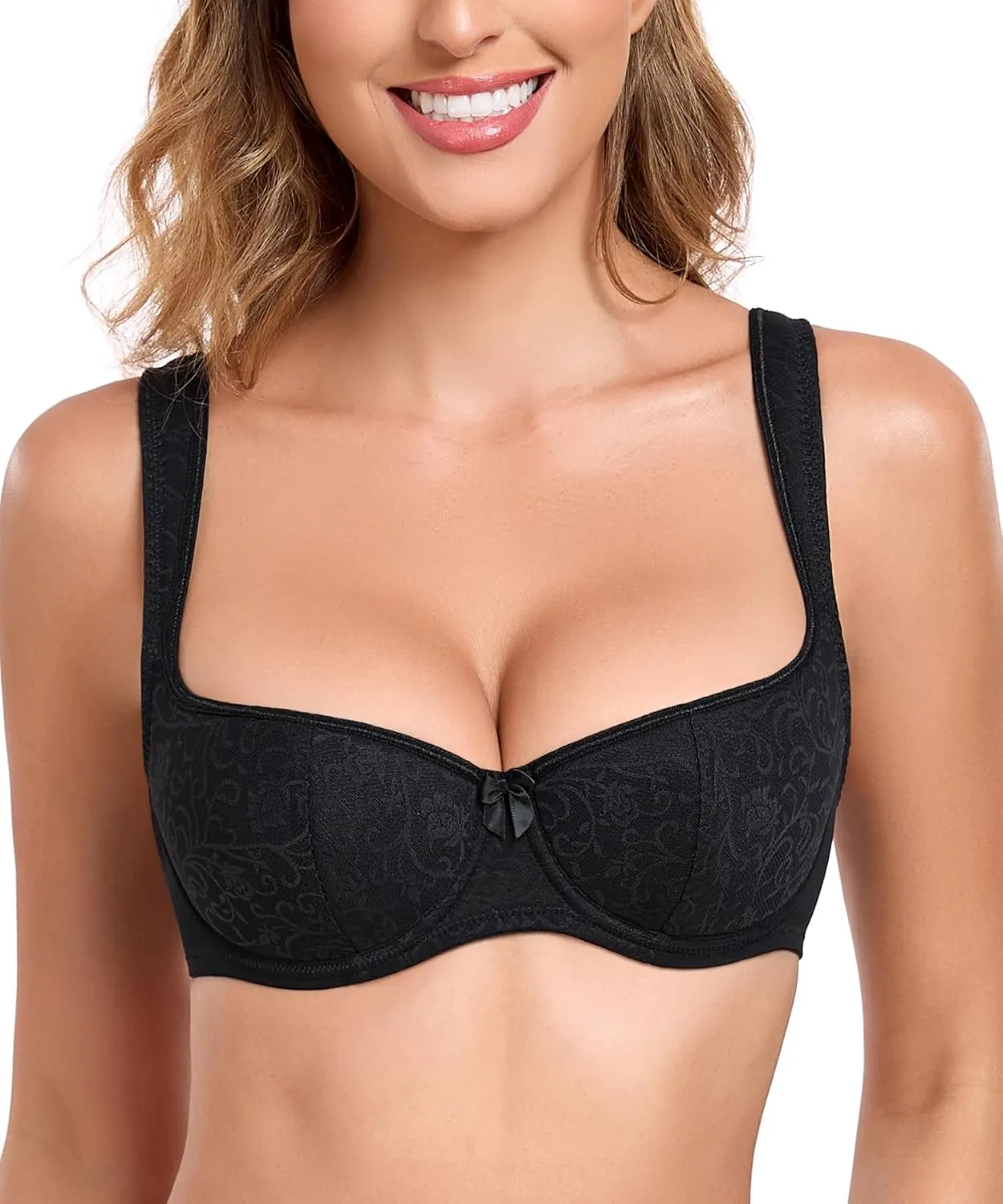 Lemorosy Women's Push Up Lightly Padded Lace Demi Half Cup Underwire Balconette Mesh Bra