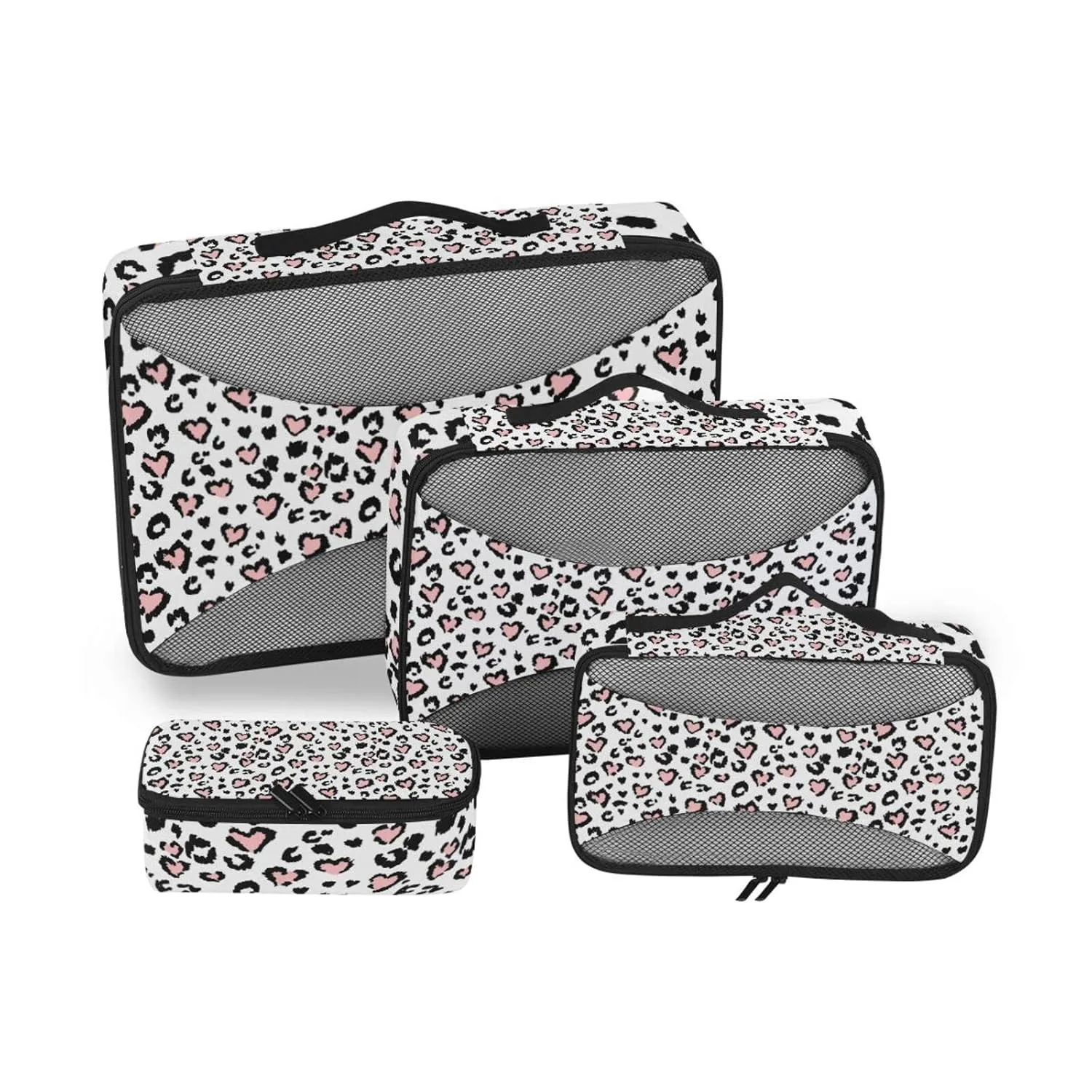Leopard Jaguar Skin with Pink Hearts Black Spots Animal Print 4 Set Packing Cubes, Travel Packing Organizers, 600D Oxford Cloth Toiletry Storage Bag, Luggage Mesh Bags for Accessories