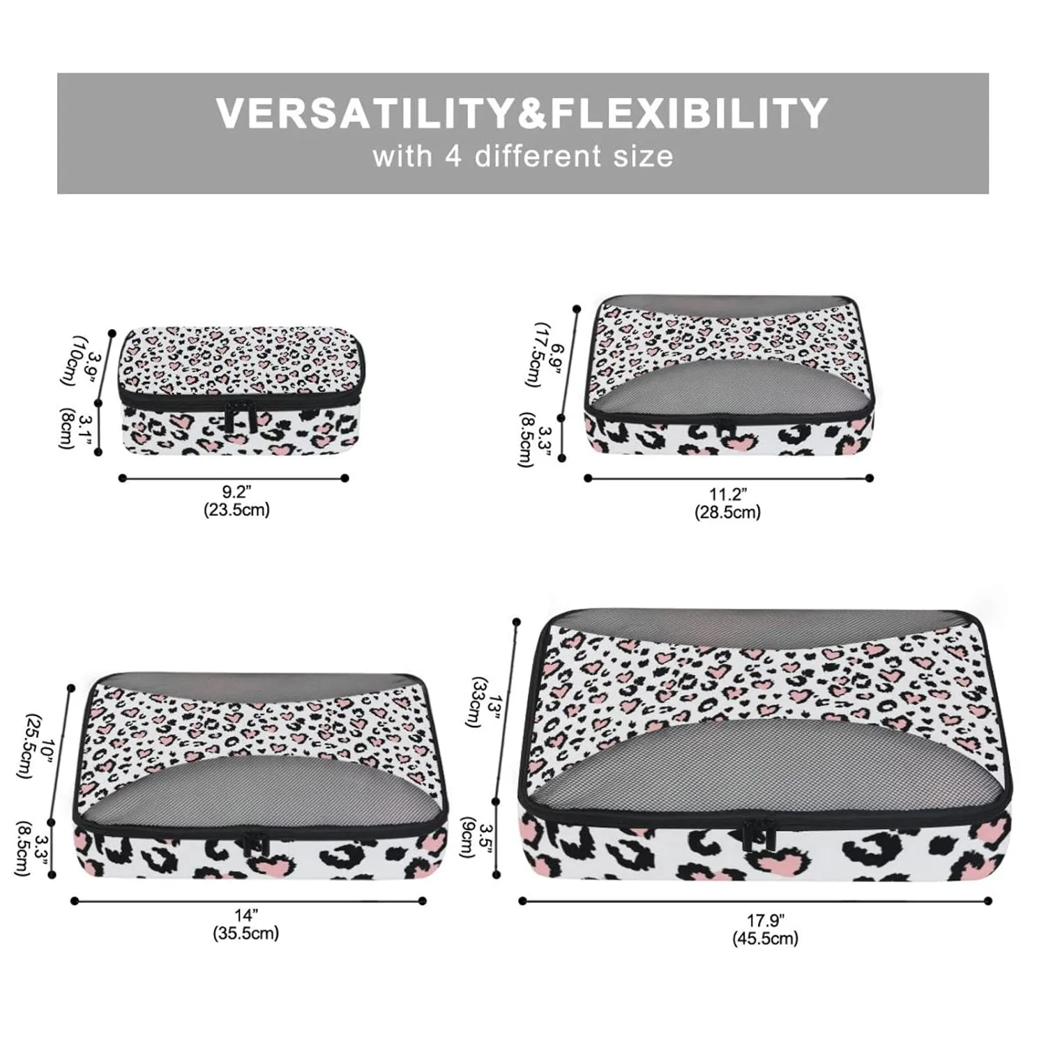 Leopard Jaguar Skin with Pink Hearts Black Spots Animal Print 4 Set Packing Cubes, Travel Packing Organizers, 600D Oxford Cloth Toiletry Storage Bag, Luggage Mesh Bags for Accessories