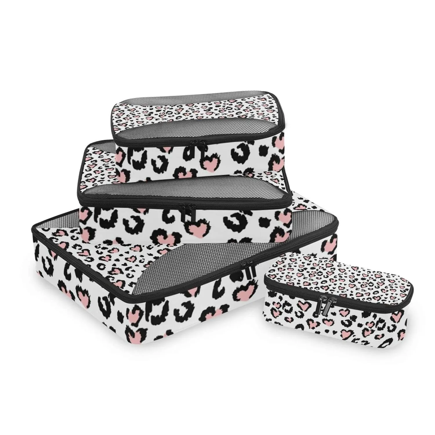 Leopard Jaguar Skin with Pink Hearts Black Spots Animal Print 4 Set Packing Cubes, Travel Packing Organizers, 600D Oxford Cloth Toiletry Storage Bag, Luggage Mesh Bags for Accessories