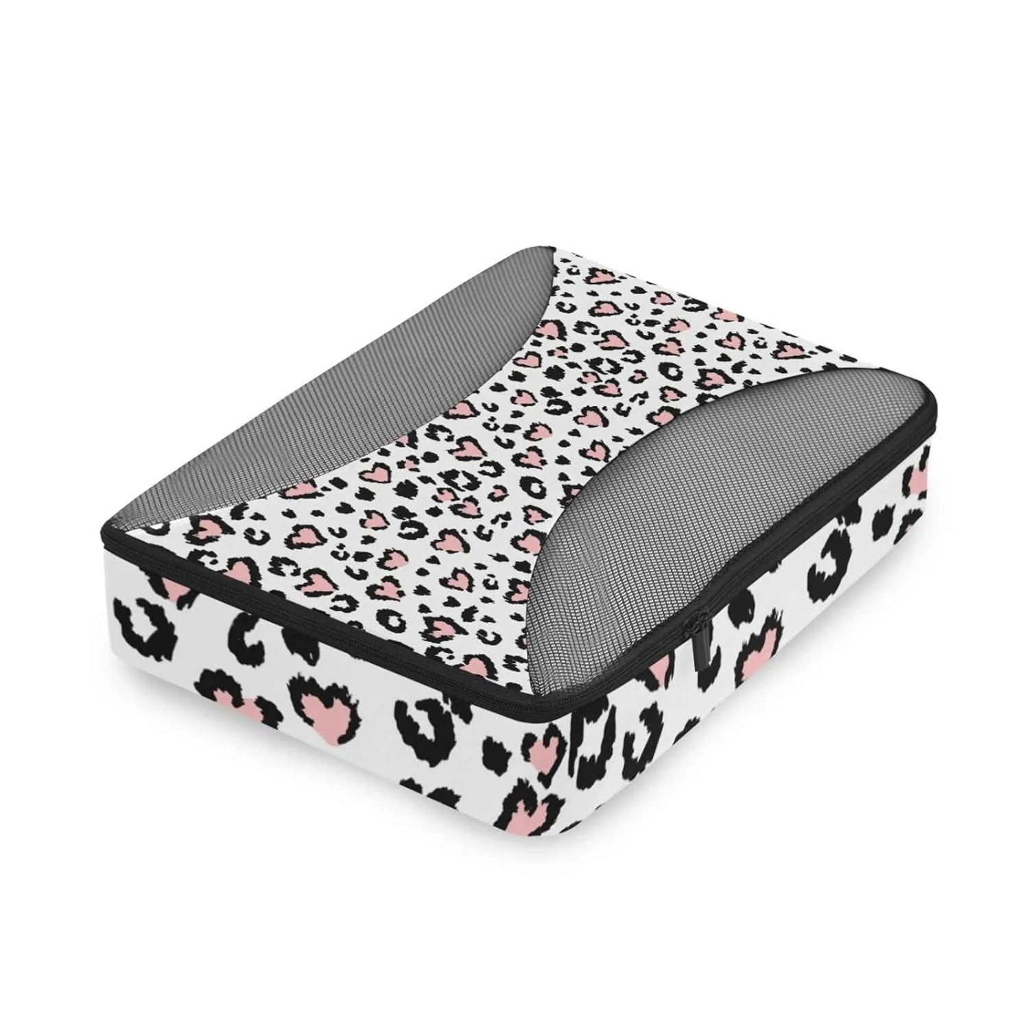 Leopard Jaguar Skin with Pink Hearts Black Spots Animal Print 4 Set Packing Cubes, Travel Packing Organizers, 600D Oxford Cloth Toiletry Storage Bag, Luggage Mesh Bags for Accessories