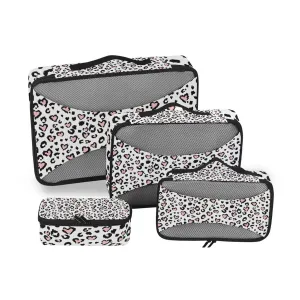 Leopard Jaguar Skin with Pink Hearts Black Spots Animal Print 4 Set Packing Cubes, Travel Packing Organizers, 600D Oxford Cloth Toiletry Storage Bag, Luggage Mesh Bags for Accessories