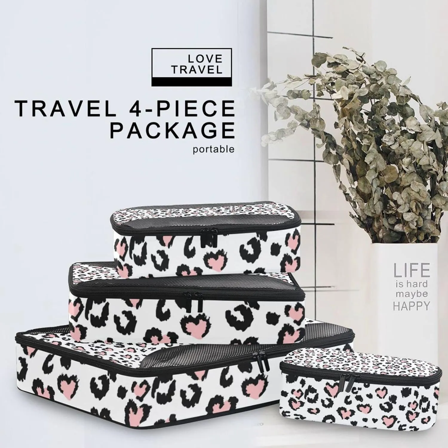 Leopard Jaguar Skin with Pink Hearts Black Spots Animal Print 4 Set Packing Cubes, Travel Packing Organizers, 600D Oxford Cloth Toiletry Storage Bag, Luggage Mesh Bags for Accessories