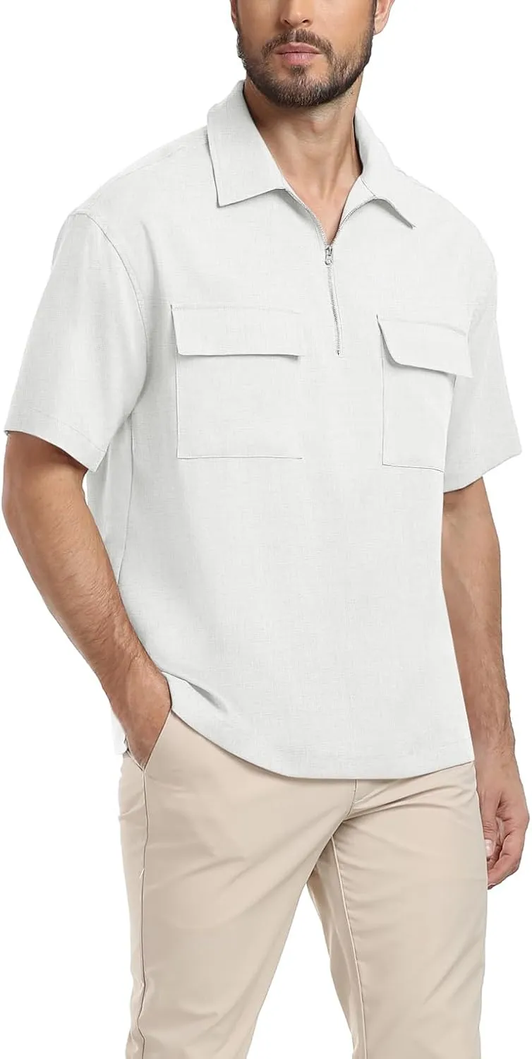 Lepunuo Mens Zipper Polo Shirts Linen Casual Short Sleeve Shirts Loose Fit T Shirts with Cargo Pockets