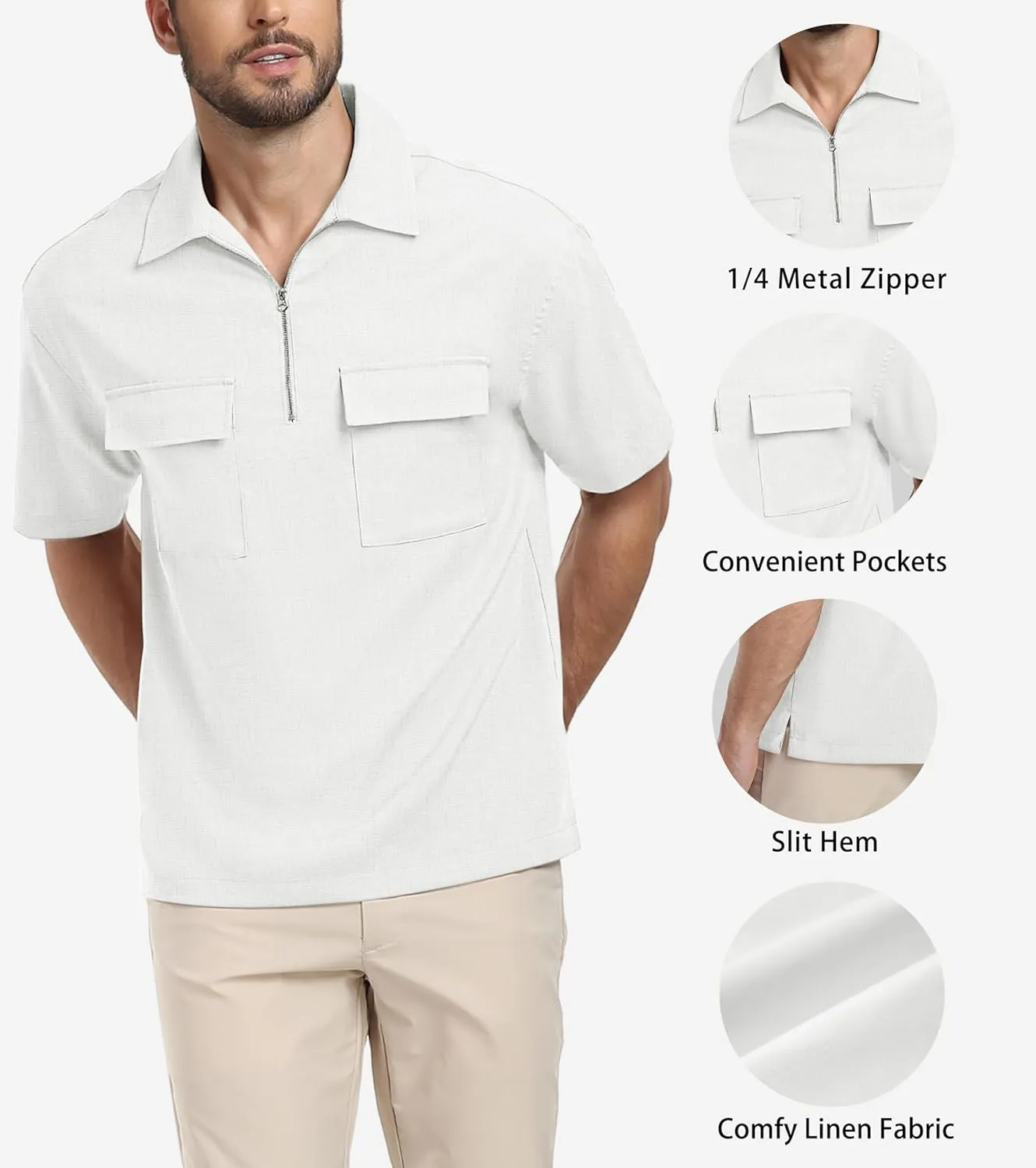 Lepunuo Mens Zipper Polo Shirts Linen Casual Short Sleeve Shirts Loose Fit T Shirts with Cargo Pockets