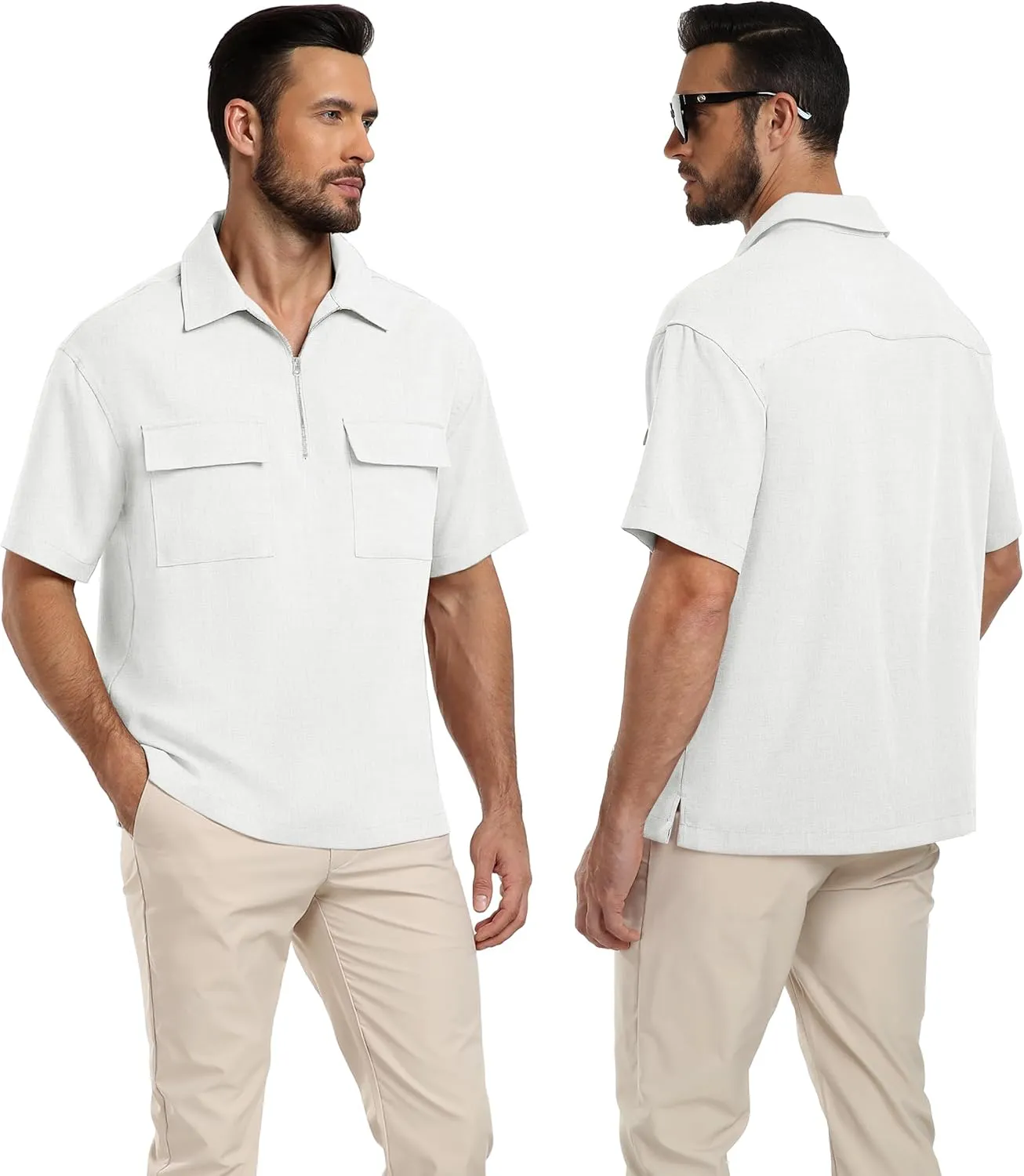 Lepunuo Mens Zipper Polo Shirts Linen Casual Short Sleeve Shirts Loose Fit T Shirts with Cargo Pockets