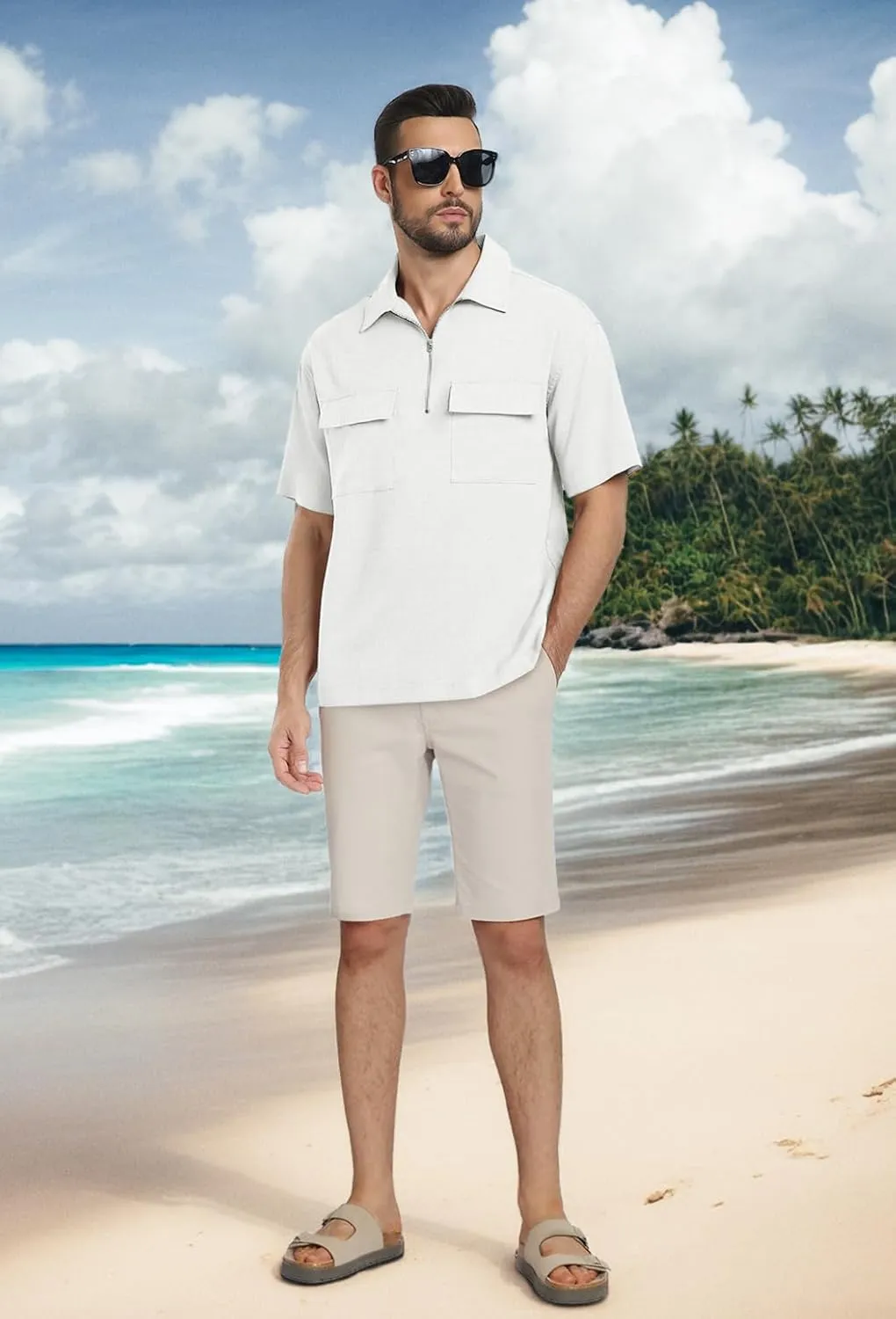 Lepunuo Mens Zipper Polo Shirts Linen Casual Short Sleeve Shirts Loose Fit T Shirts with Cargo Pockets