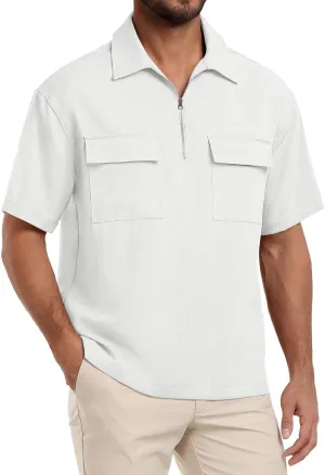 Lepunuo Mens Zipper Polo Shirts Linen Casual Short Sleeve Shirts Loose Fit T Shirts with Cargo Pockets