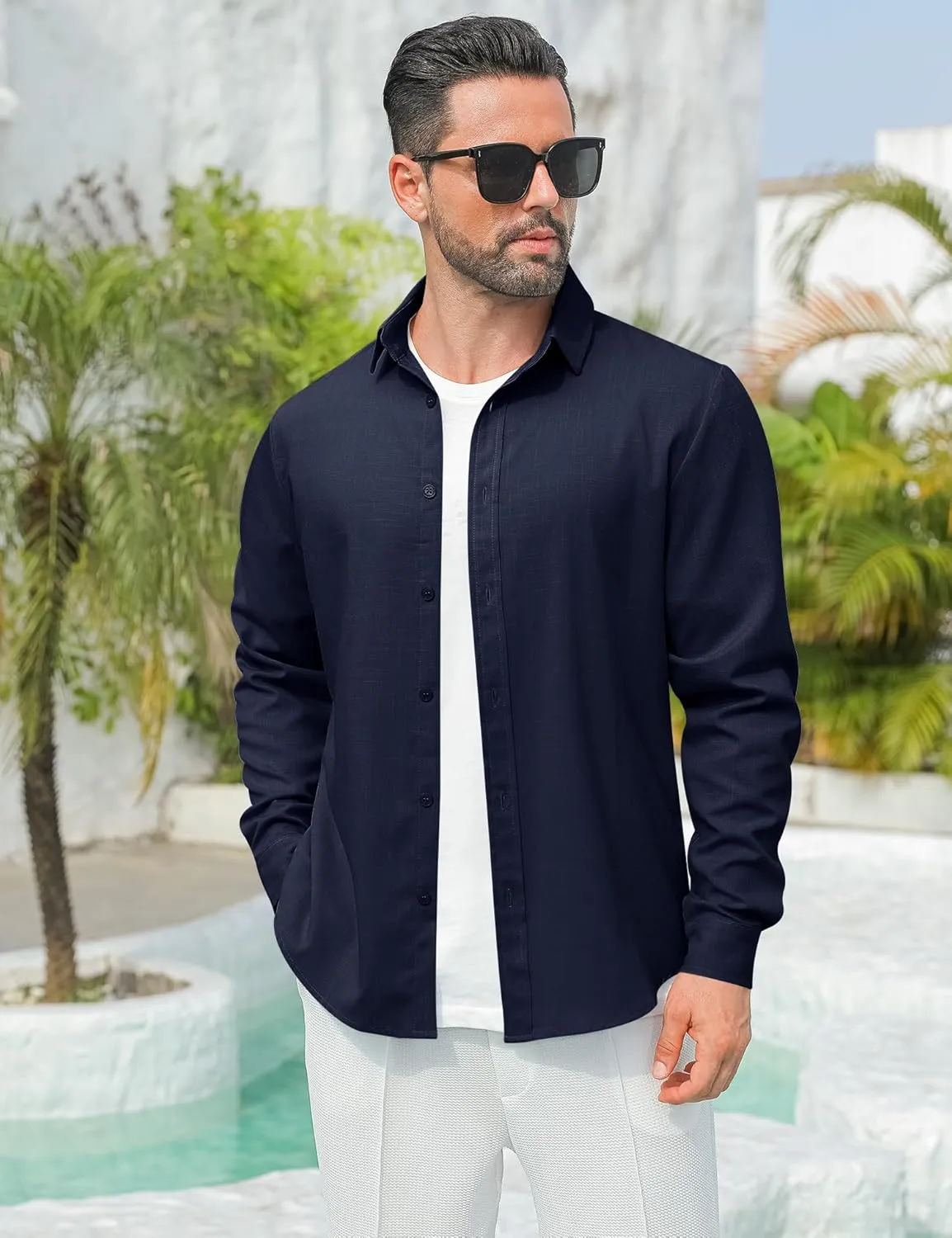 LETSEE Men's Linen Shirts Long Sleeve Untucked Casual Button Down Shirts for Men Business Dress Clothes Fashion Beach Tops