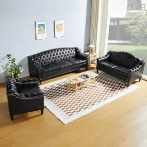LEVNARY 3-Piece Couch Set for Living Room, Black Leather Sofa Chesterfield Couch with Button Tufted Design, Armchair & Loveseat & Sofa Sectional Furniture Set for Apartment Home Office (Black, 1 2 3)