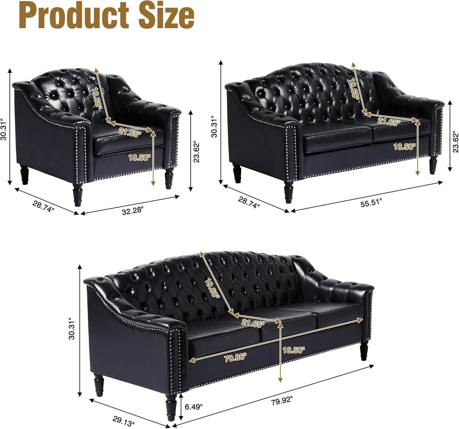 LEVNARY 3-Piece Couch Set for Living Room, Black Leather Sofa Chesterfield Couch with Button Tufted Design, Armchair & Loveseat & Sofa Sectional Furniture Set for Apartment Home Office (Black, 1 2 3)
