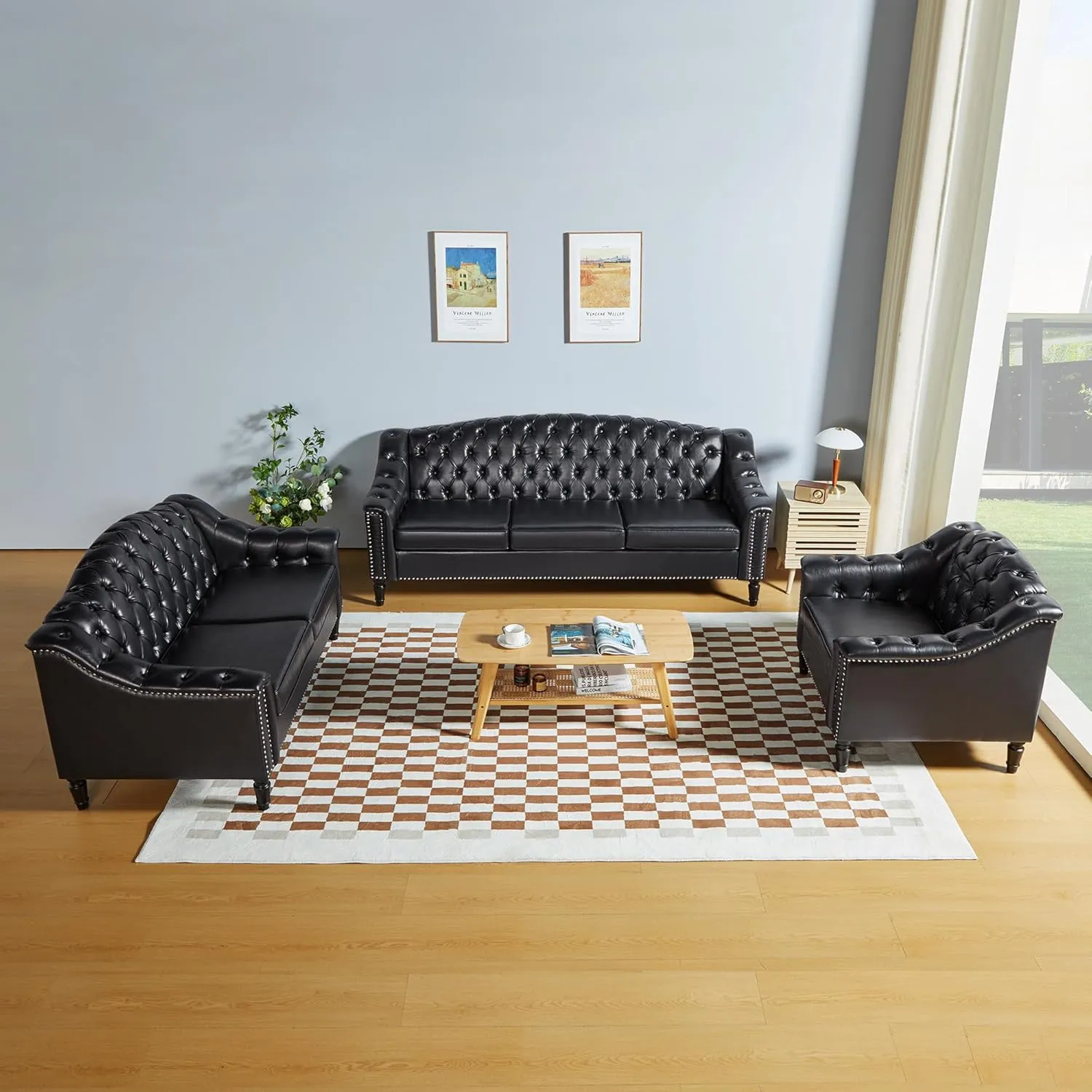 LEVNARY 3-Piece Couch Set for Living Room, Black Leather Sofa Chesterfield Couch with Button Tufted Design, Armchair & Loveseat & Sofa Sectional Furniture Set for Apartment Home Office (Black, 1 2 3)