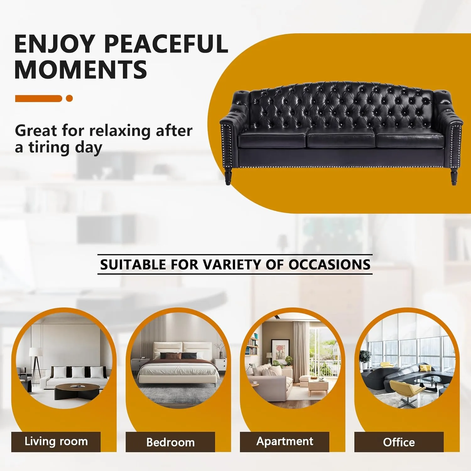 LEVNARY 3-Piece Couch Set for Living Room, Black Leather Sofa Chesterfield Couch with Button Tufted Design, Armchair & Loveseat & Sofa Sectional Furniture Set for Apartment Home Office (Black, 1 2 3)