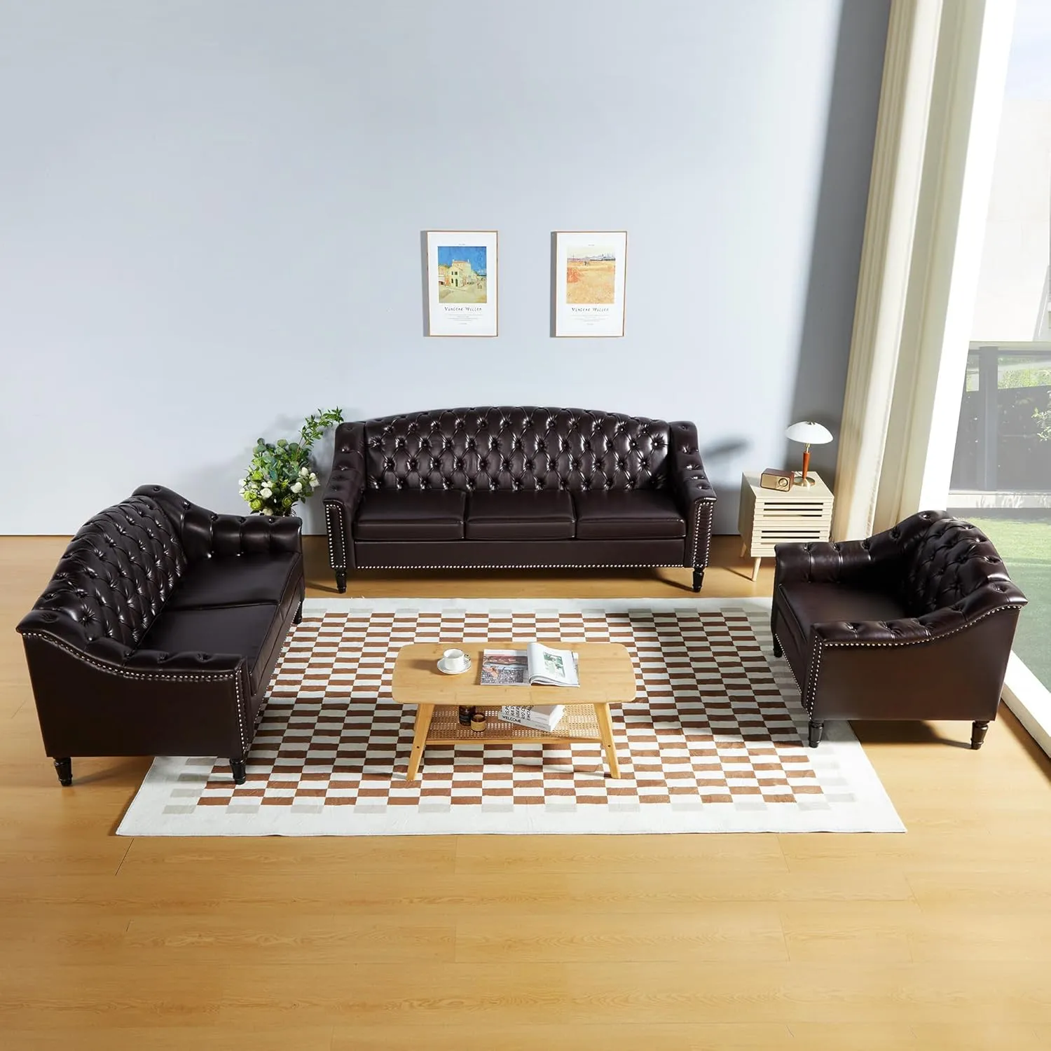 LEVNARY 3-Piece Couch Set for Living Room, Brown Leather Sofa Chesterfield Couch with Button Tufted Design, Armchair & Loveseat & Sofa Sectional Furniture Set for Apartment Home Office (Brown, 1 2 3)