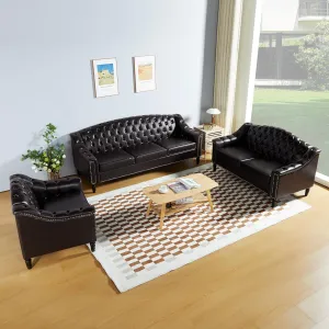 LEVNARY 3-Piece Couch Set for Living Room, Brown Leather Sofa Chesterfield Couch with Button Tufted Design, Armchair & Loveseat & Sofa Sectional Furniture Set for Apartment Home Office (Brown, 1 2 3)