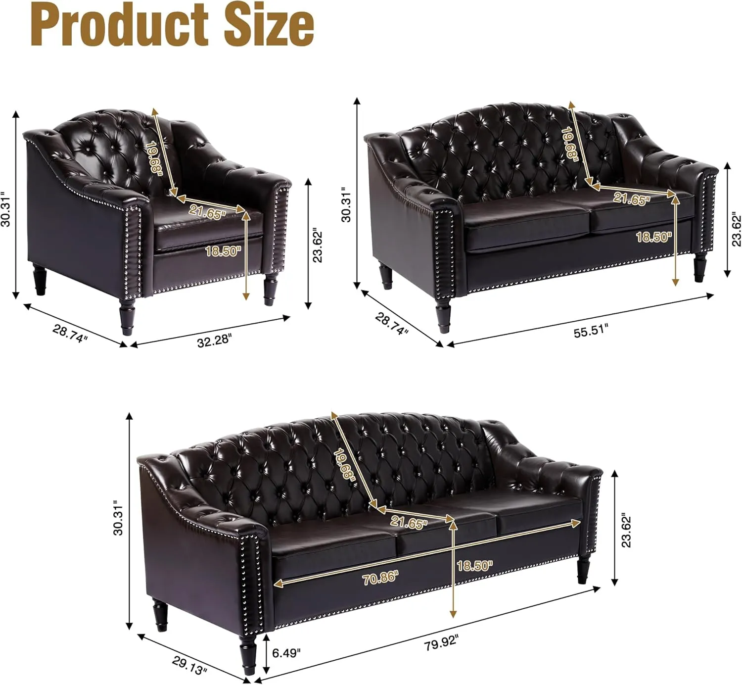 LEVNARY 3-Piece Couch Set for Living Room, Brown Leather Sofa Chesterfield Couch with Button Tufted Design, Armchair & Loveseat & Sofa Sectional Furniture Set for Apartment Home Office (Brown, 1 2 3)