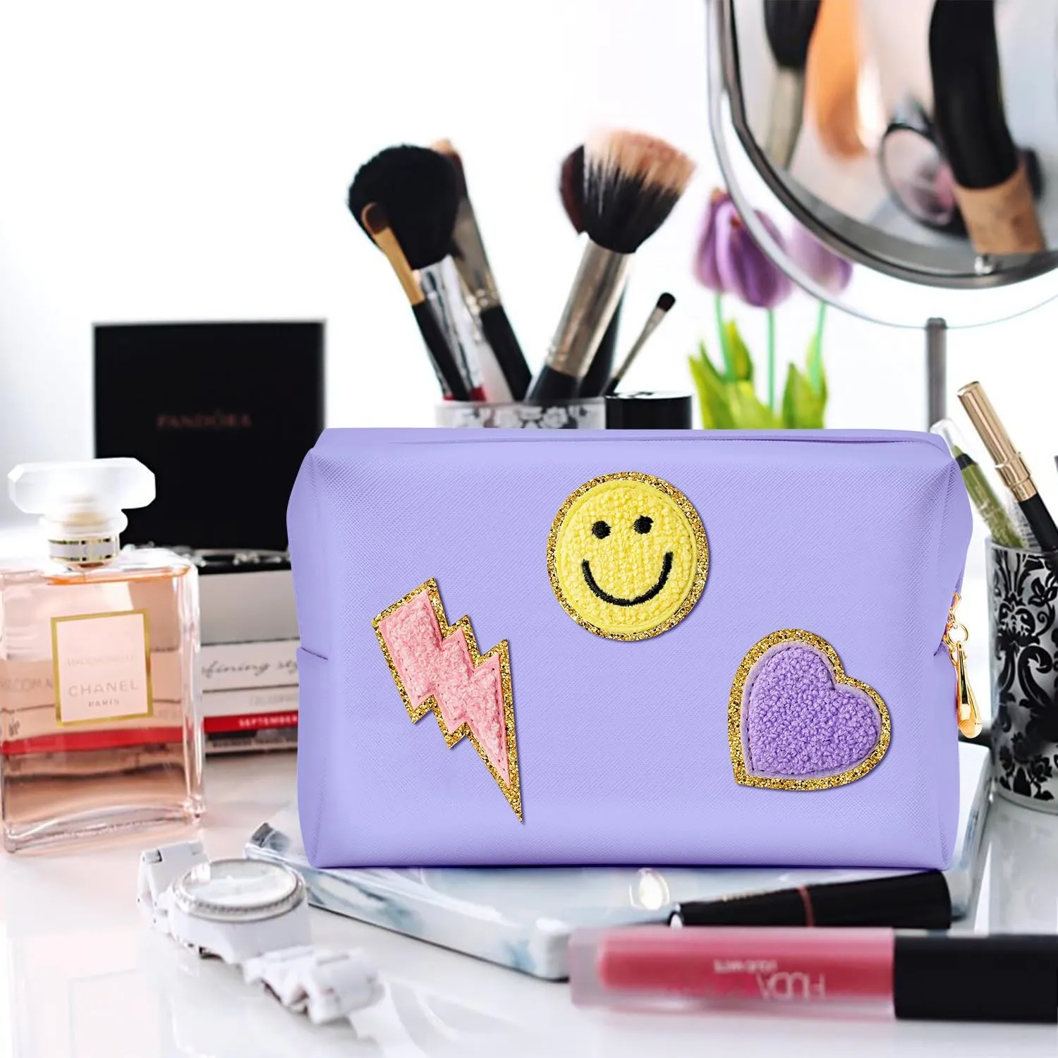 LieToi Preppy Patch Cosmetic Toiletry Bag, PU Leather Portable Waterproof Makeup Bag Smile Lightning Heart Organizer Compliant Bag Daily Travel Use Storage Purse for Women Girls (Large, Taro Purple)