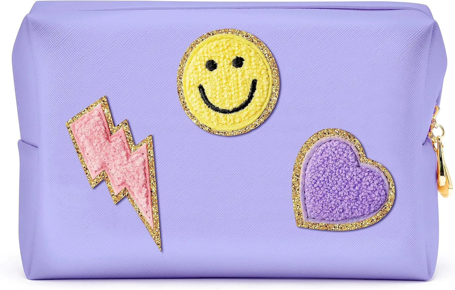 LieToi Preppy Patch Cosmetic Toiletry Bag, PU Leather Portable Waterproof Makeup Bag Smile Lightning Heart Organizer Compliant Bag Daily Travel Use Storage Purse for Women Girls (Large, Taro Purple)
