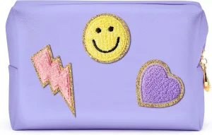 LieToi Preppy Patch Cosmetic Toiletry Bag, PU Leather Portable Waterproof Makeup Bag Smile Lightning Heart Organizer Compliant Bag Daily Travel Use Storage Purse for Women Girls (Large, Taro Purple)