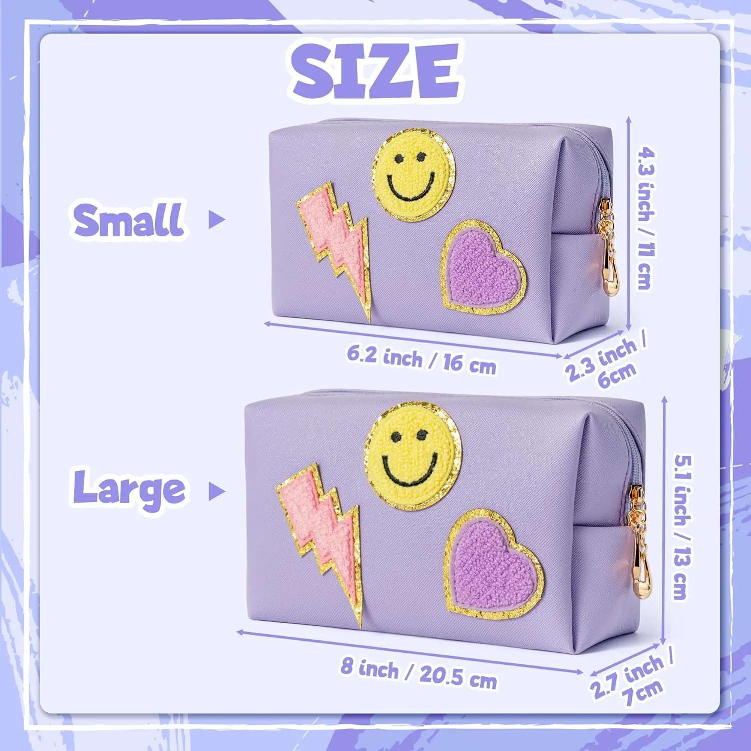 LieToi Preppy Patch Cosmetic Toiletry Bag, PU Leather Portable Waterproof Makeup Bag Smile Lightning Heart Organizer Compliant Bag Daily Travel Use Storage Purse for Women Girls (Large, Taro Purple)
