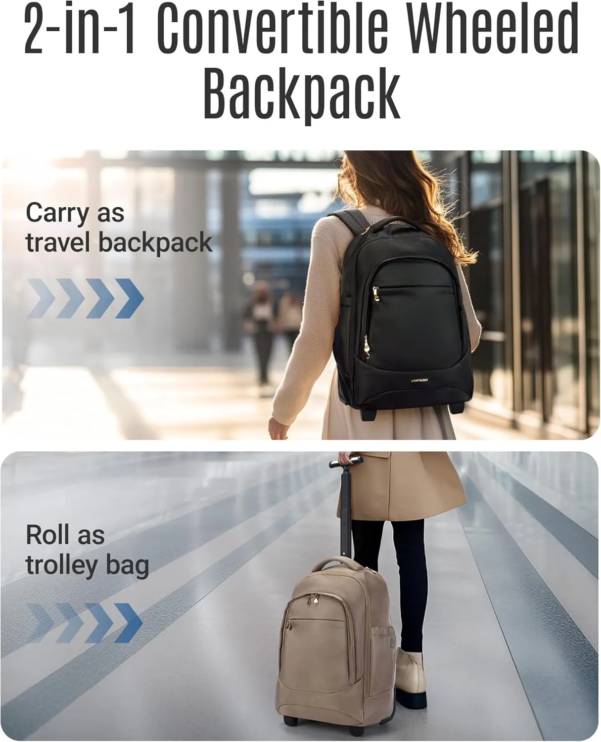 LIGHT FLIGHT Rolling Travel Backpack, Water-Resistant Travel Laptop Backpacks with Wheels for Adults, 17 Inch Large Roller College Backpack Luggage Carry on, Black