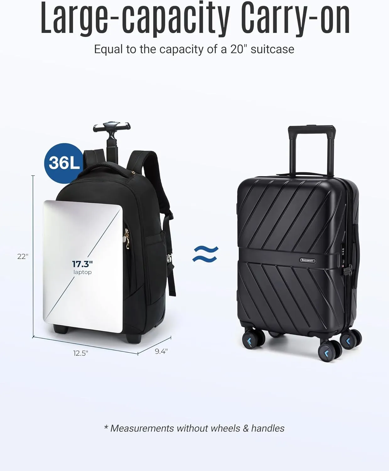 LIGHT FLIGHT Rolling Travel Backpack, Water-Resistant Travel Laptop Backpacks with Wheels for Adults, 17 Inch Large Roller College Backpack Luggage Carry on, Black