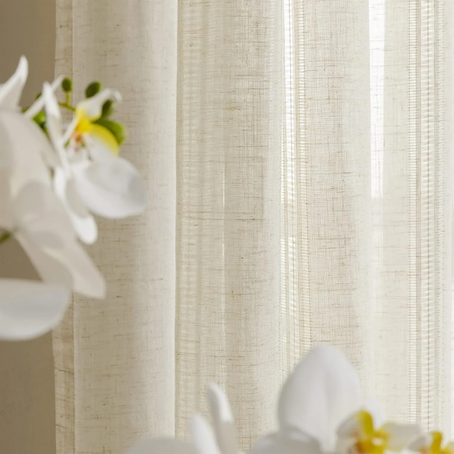 Linen Sheer Curtain 84 inches Length, Rod Pocket Semi Sheer Privacy Light Filtering Window Treamtment for Bedroom/Living Room, 2 Panels,52" Width,Natural