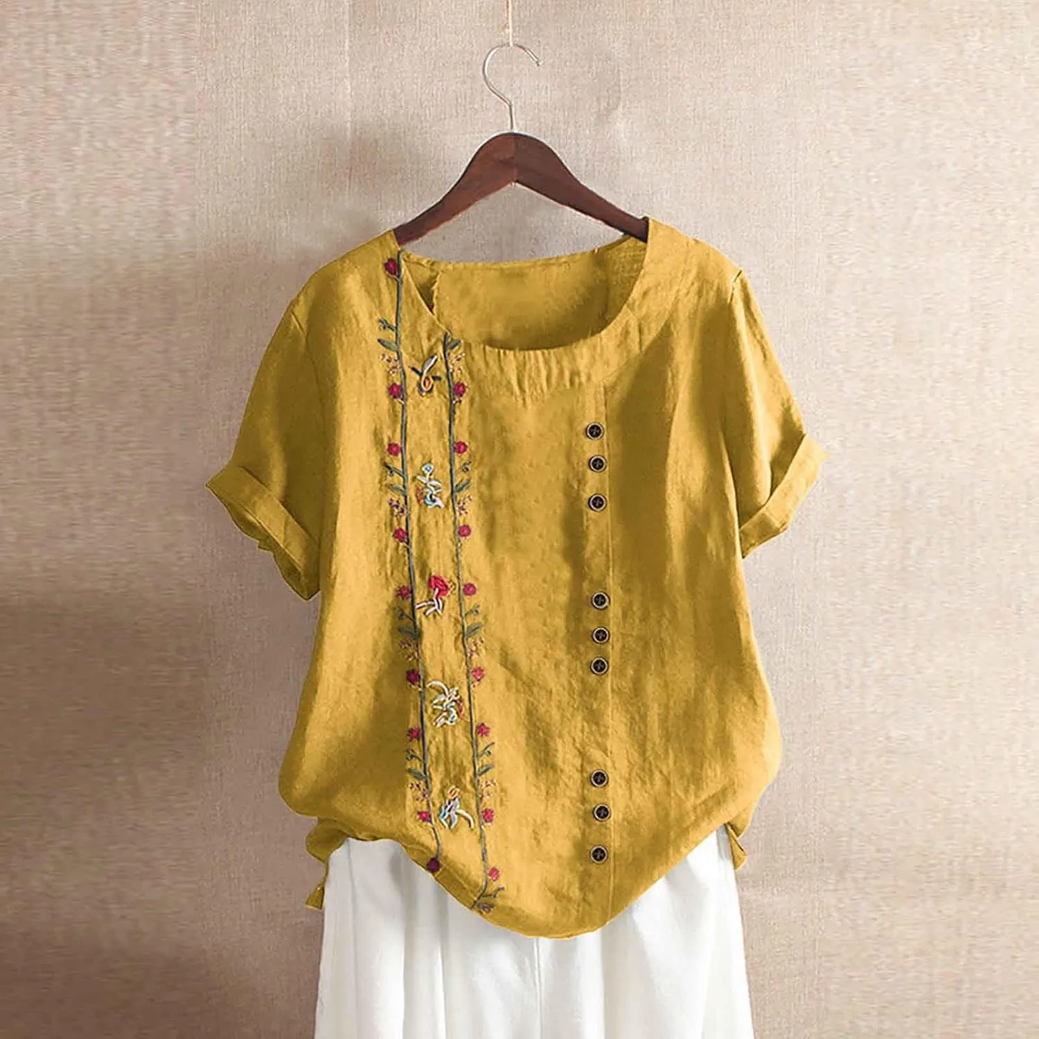 Linen Tops for Women Floral Embroidery Button Down Plus Size Tops Crew Neck Short Sleeve Cotton Blend Tee Shirts