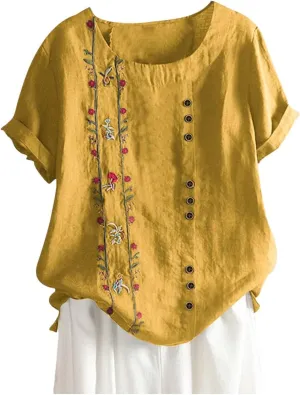 Linen Tops for Women Floral Embroidery Button Down Plus Size Tops Crew Neck Short Sleeve Cotton Blend Tee Shirts