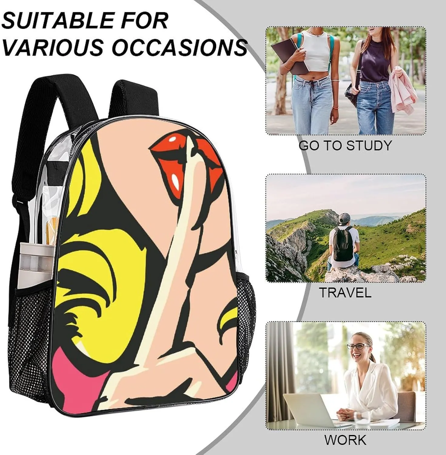 Lips Index Finger 17 Inch Transparent Backpack Pop Art Funny Water Resistant PVC Clear Laptop Daypack for Travel Work Camping Women Men 43x32x13cm