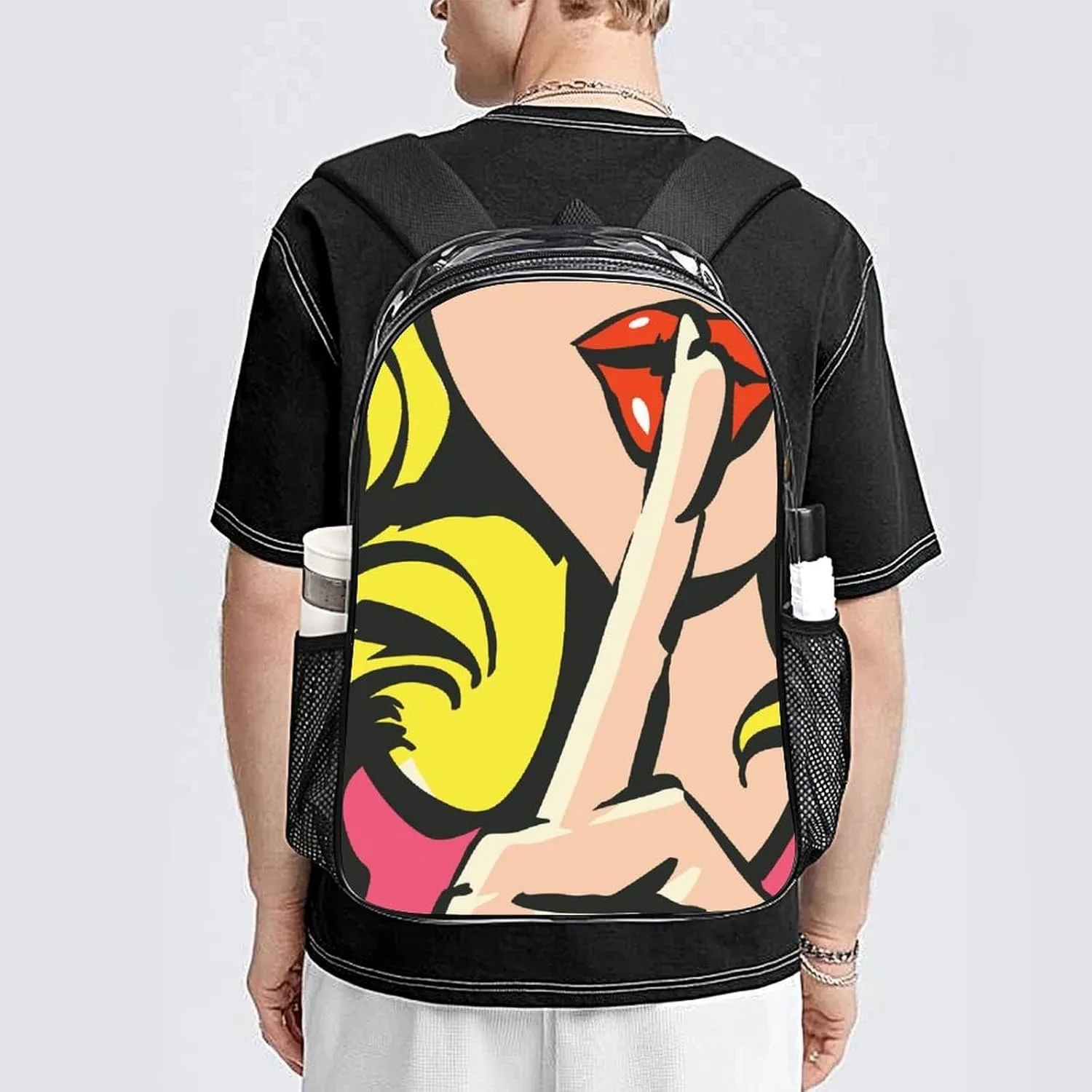 Lips Index Finger 17 Inch Transparent Backpack Pop Art Funny Water Resistant PVC Clear Laptop Daypack for Travel Work Camping Women Men 43x32x13cm