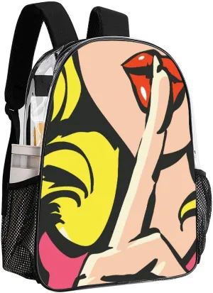 Lips Index Finger 17 Inch Transparent Backpack Pop Art Funny Water Resistant PVC Clear Laptop Daypack for Travel Work Camping Women Men 43x32x13cm