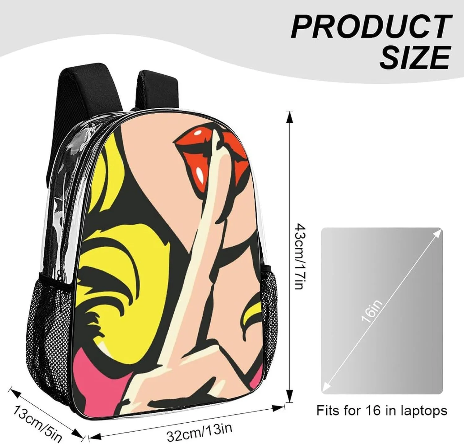 Lips Index Finger 17 Inch Transparent Backpack Pop Art Funny Water Resistant PVC Clear Laptop Daypack for Travel Work Camping Women Men 43x32x13cm