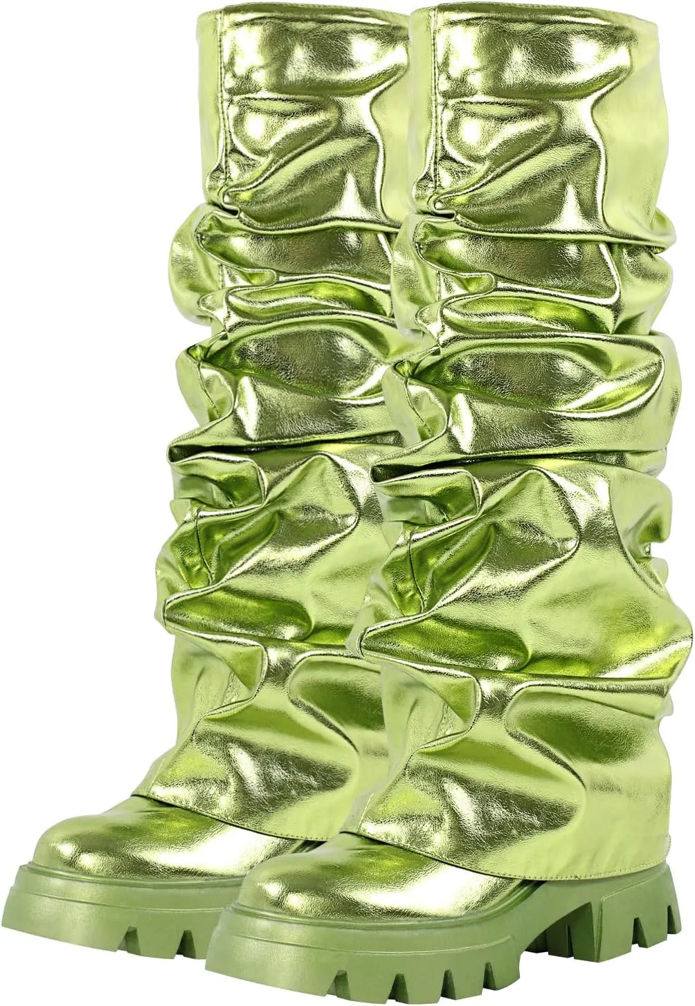 LISHAN Women's Platform Heel Metallic Fold Over Pull on Shark Ruched Boots