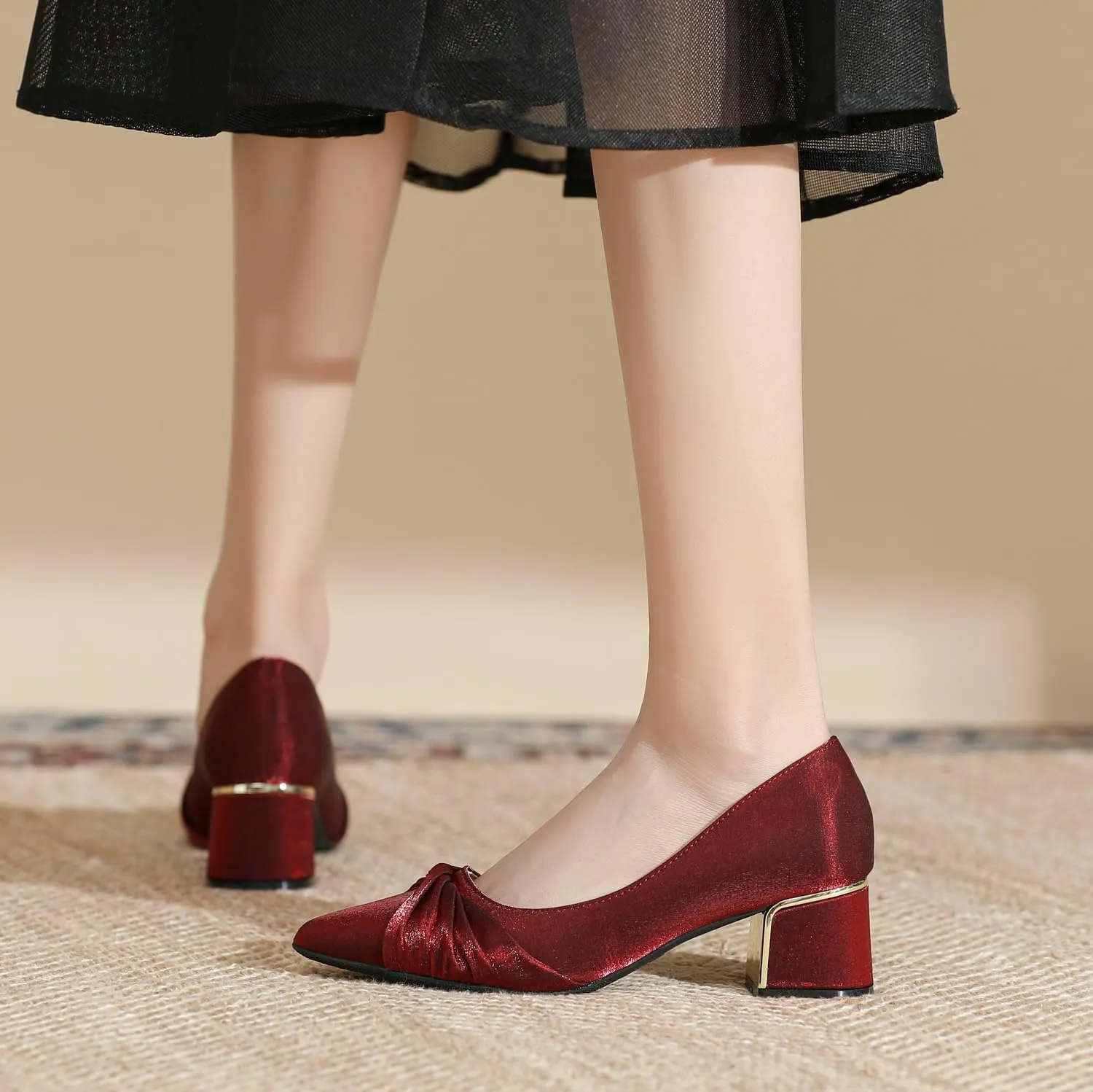 LizFoYa Women Closed Pointed Toe Wedding Pumps Pleated Bridal Dress Shoes Satin Comfort Block Heels