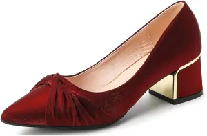 LizFoYa Women Closed Pointed Toe Wedding Pumps Pleated Bridal Dress Shoes Satin Comfort Block Heels