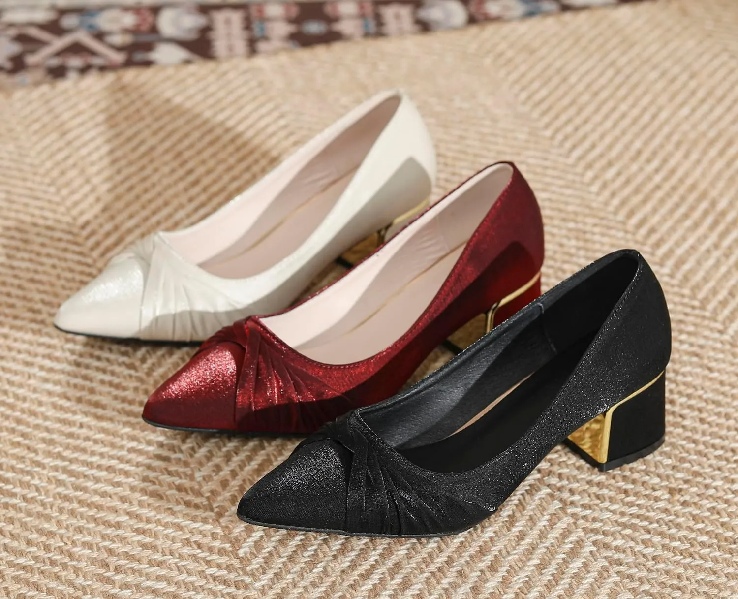 LizFoYa Women Closed Pointed Toe Wedding Pumps Pleated Bridal Dress Shoes Satin Comfort Block Heels