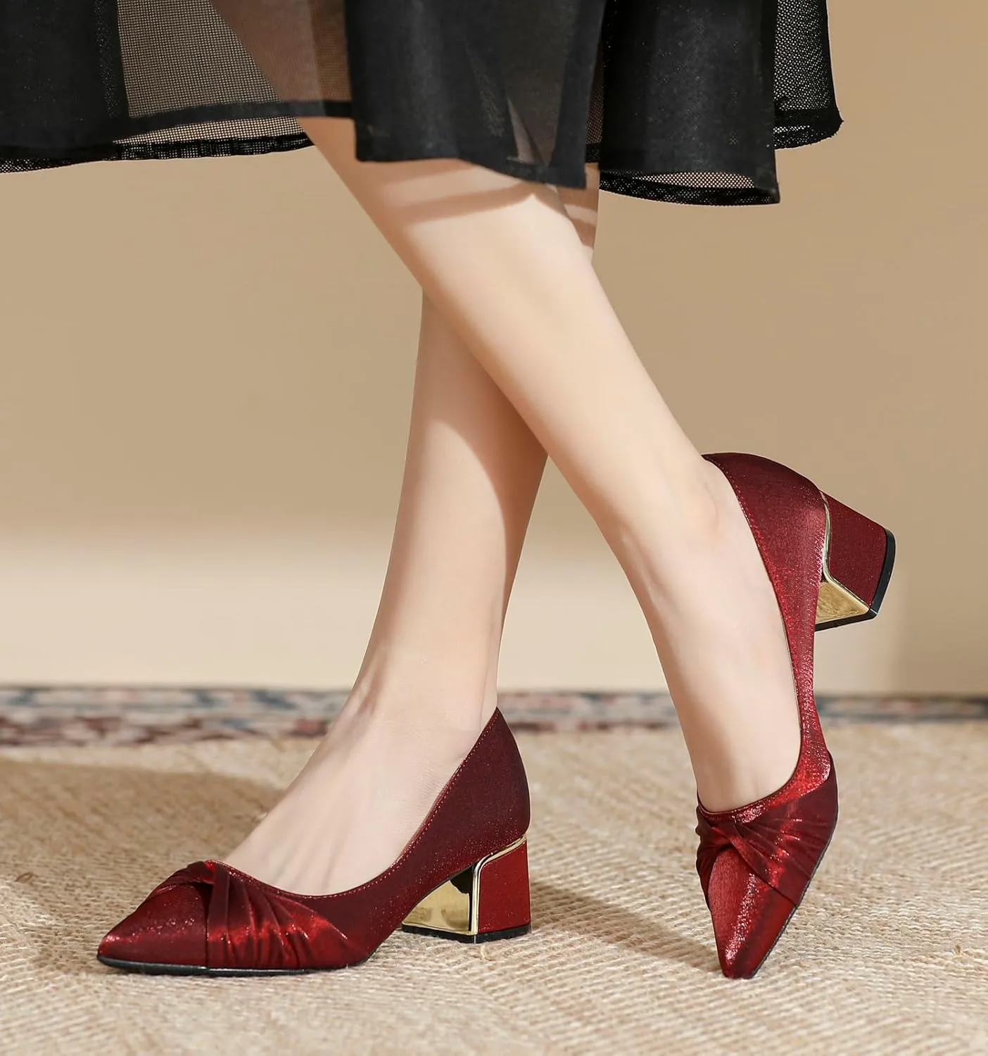 LizFoYa Women Closed Pointed Toe Wedding Pumps Pleated Bridal Dress Shoes Satin Comfort Block Heels