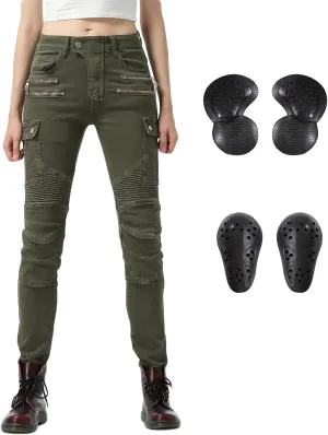 LOMENG Motorcycle Riding Pants Motocross Cycling Jeans Slim Stretch Pants CE Knee Hip Removable Armored for Women