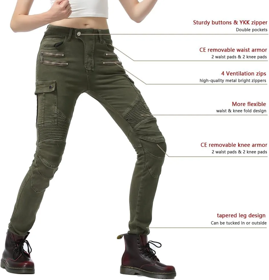 LOMENG Motorcycle Riding Pants Motocross Cycling Jeans Slim Stretch Pants CE Knee Hip Removable Armored for Women